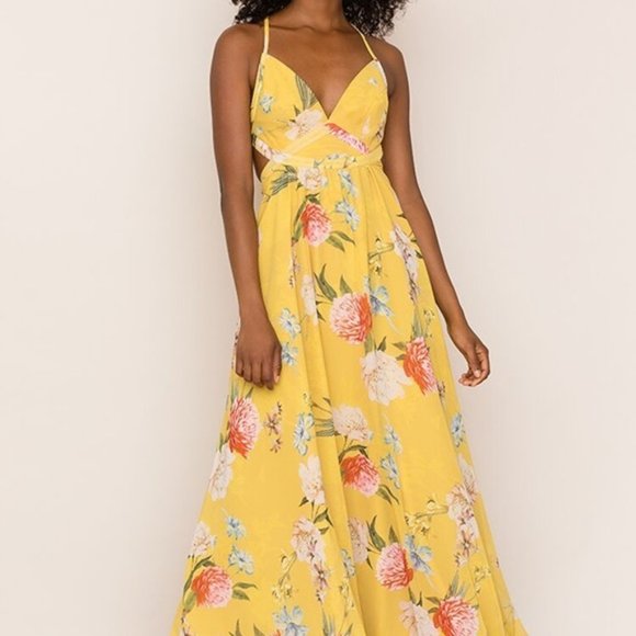 Yumi Kim Dresses & Skirts - Yumi Kim Yellow Backless Floral Maxi Dress